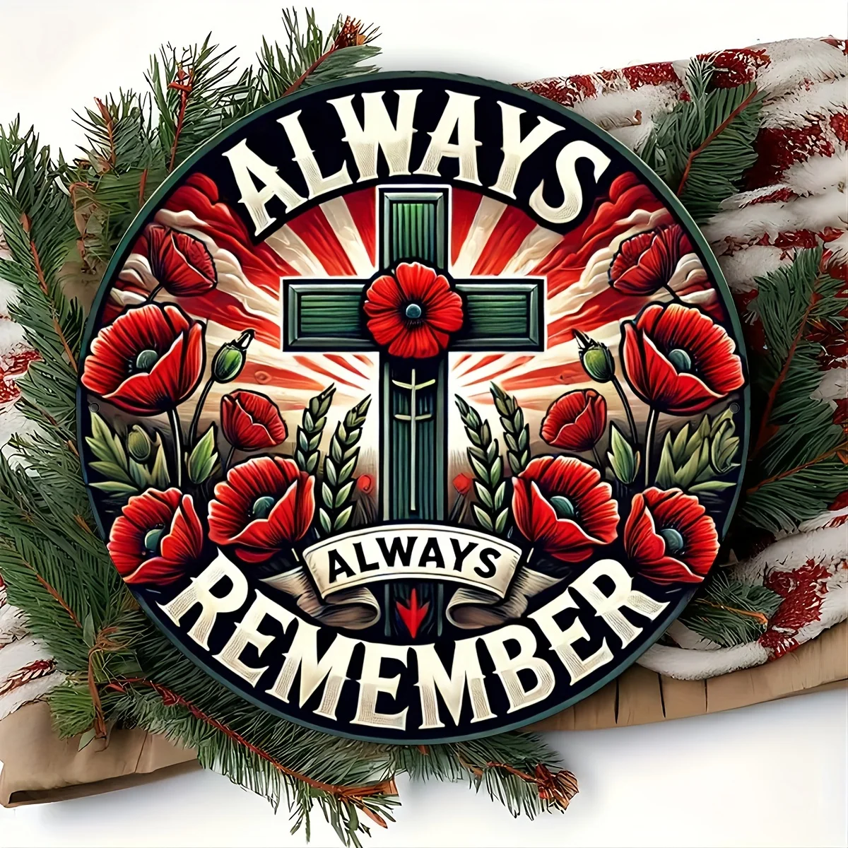 1 Stück Vintage-inspiriertes rundes Aluminiumschild, Poppy Cross Memorial, rustikale Mehrzweck-Heimdekorationsschild, Wand- und Fensteraufhängung für