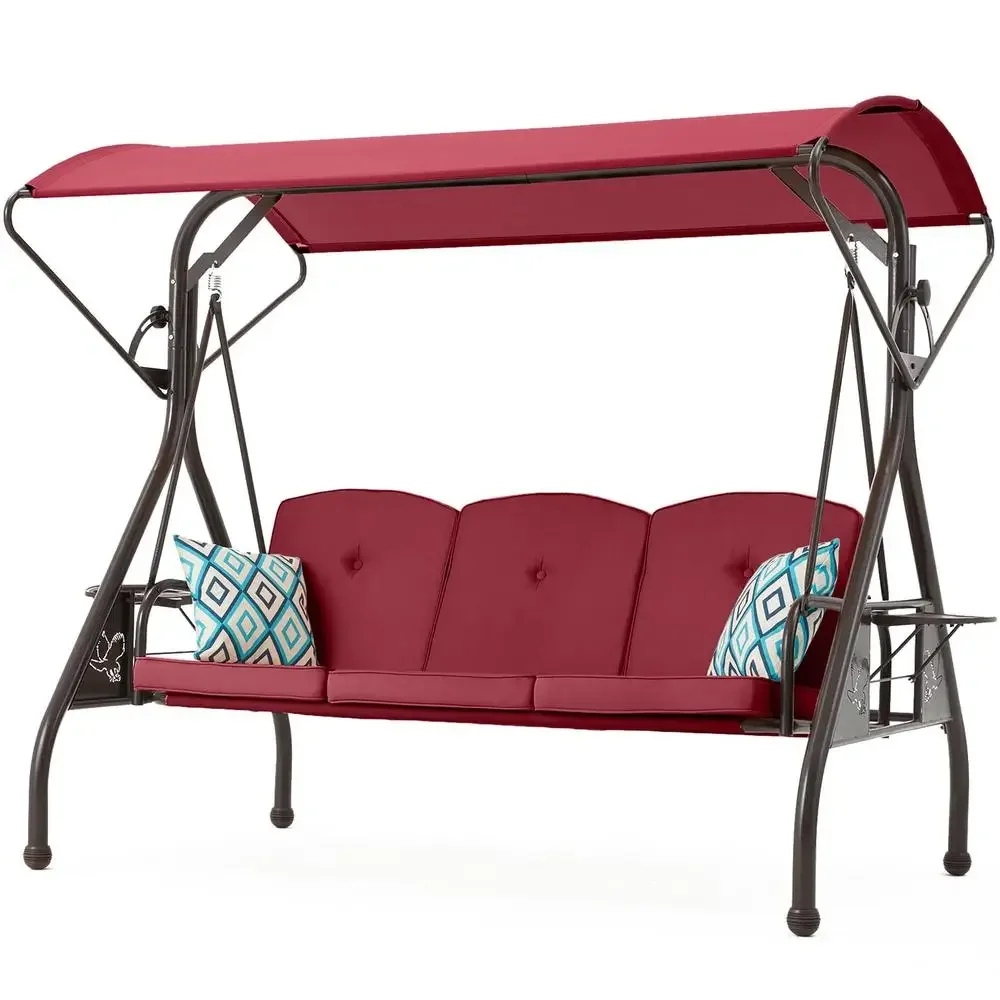 800LBS Heavy Duty Patio Swing with Canopy 3-Seat Porch Swing Adjustable Cushions Anti-Rust Metal Frame Outdoor Bed with Cup