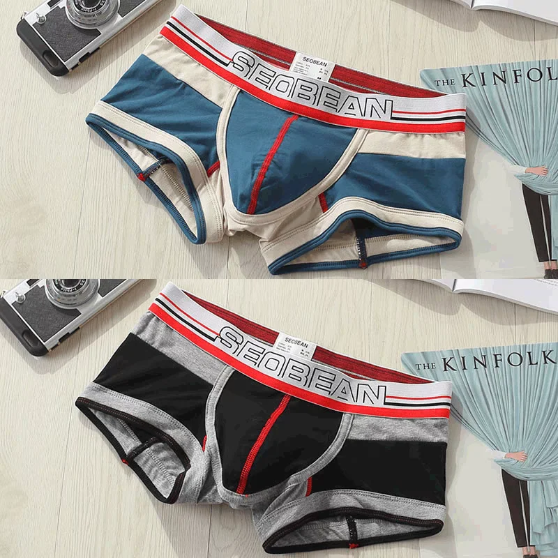 Men\'s Cotton Vintage Boxer Shorts Low-rise Underwear Patchwork Boxers 3 colors