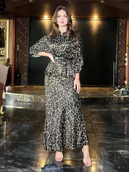 Elegante verão senhoras vestido temperamento lapela sete manga botão cintura leopardo emagrecimento trompete saia conjuntos na moda feminina