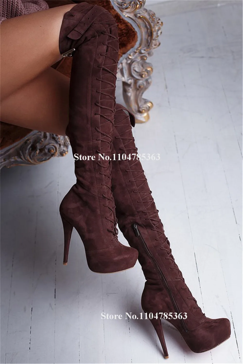 

Women Elegant Brown Suede Stiletto Heel Over Knee Boots Round Toe Lace-up Slim Style High Platform Thin Heel Long Boots