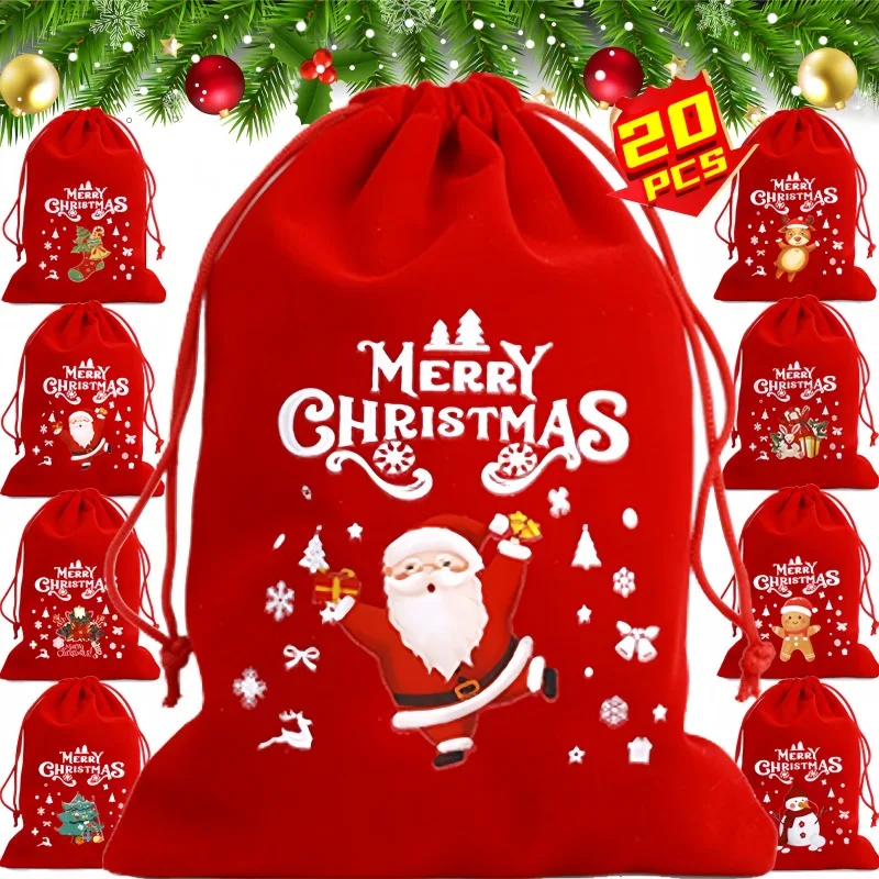 20/1Pcs Red Christmas Velvet Bags Santa Candy Snack Drawstring Pouch Wrapping Bag for New Year Party Decor Packaging Storage Bag