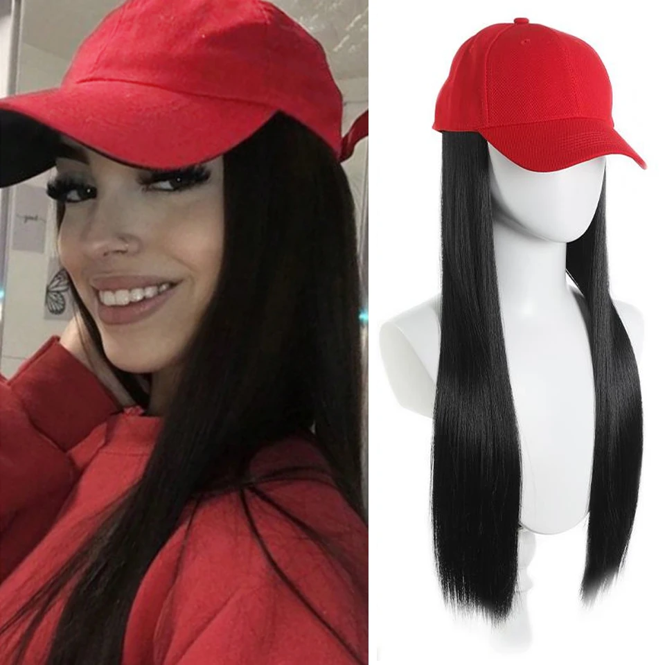 Hat Wig for Women 22 Inches Straight Baseball Cap Wig with straight Hair Extensions Wig Red Hat Adjustable black golden