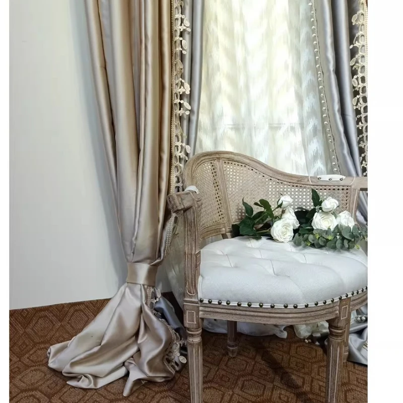 Custom Size Light Luxury European F French Curtains Living Room Bedroom Bay Window Retro Baroque American High Precision Satin