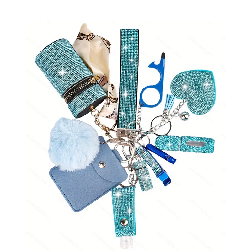 

11Pcs Shiny Bling Rhinestone Women Self-Defense Keychains Set Protective Women Safety Accessories Products