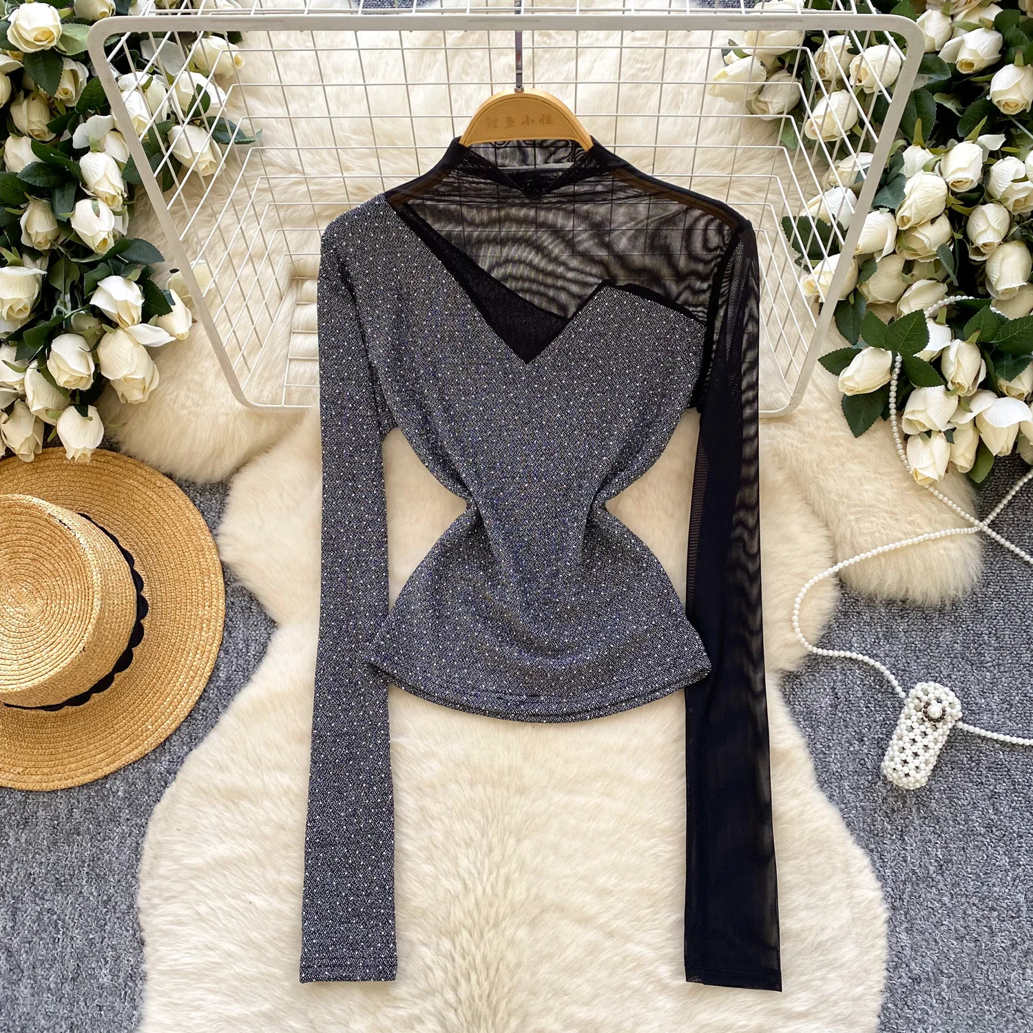 

Chic Elegant long sleeve rhinestone mesh blouse Vintage Fairy Autumn korean fashion Women Clothing