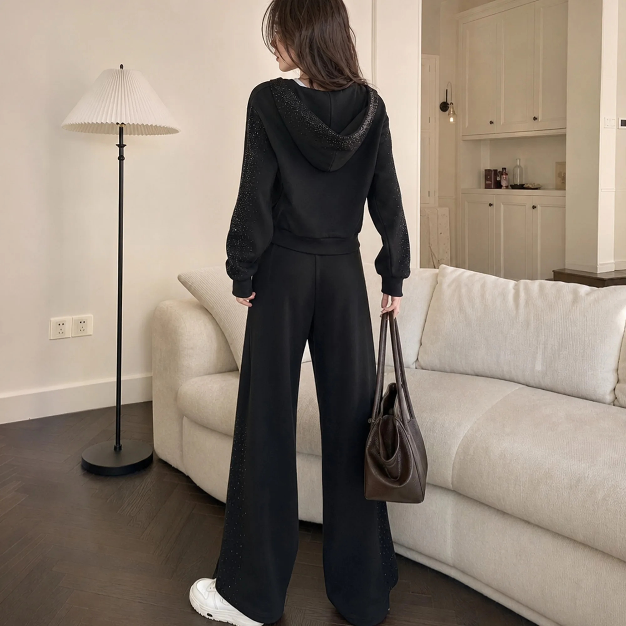 Rhinestone Hoodie Sweatshirt Set Autumn Casual 2 Piece Outfits Loose Draped Wide Leg Pants Tracksuit Sports Loungewear DM3CSE009