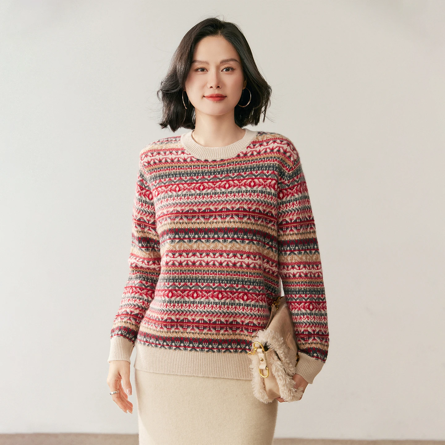Women 100%Pure Cashmere Jacquard Sweater Winter O-Neck Color Matching Thick Pullovers Stripe High-End Loose Large Size Knit Tops