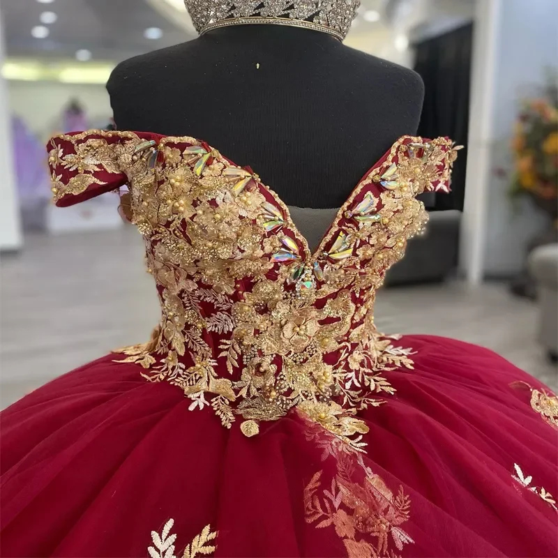 ANGELSBRIDEP Wine Red Luxury Quinceanera Dress Tull Gold Lace Appliques Beaded Sweet 16 Dress Vestidos De 15 Anos Customized