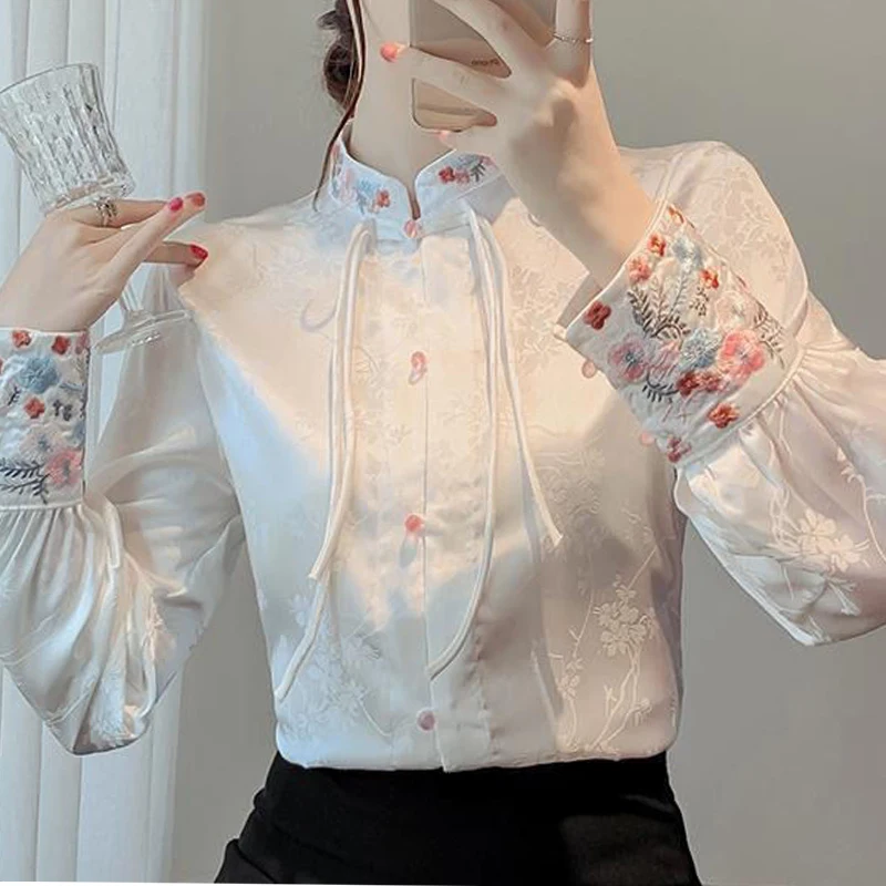 Spring Autumn Stand Collar Long Sleeve Shirt Women High Street Vintage Embroidered Button Cardigan Elegant Jacquard Weave Tops