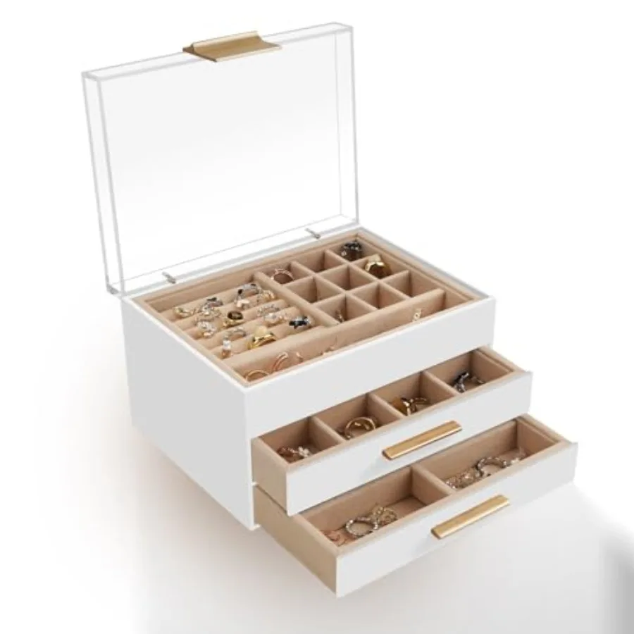 

Акриловая шкатулка для драгоценностей Трехслойный органайзер для драгоценностей с 360° ° Прозрачная крышка подходит для серег, колец, браслетов, ожерелий, Stu