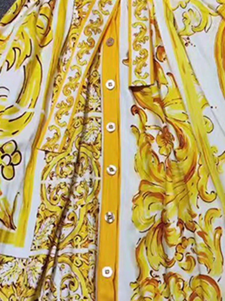 2025 الصيف المنصة جديد طية صدر السترة قصيرة الأكمام قميص مطبوع فستان مزاجه واحدة الصدر الدانتيل الخصر سوينغ ألف خط تنورة.