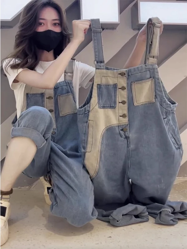 

Summer Thin Denim Overalls Women's Loose Wide Leg Straight Tube Workwear Overall Pants Casual High Waist Long Pants