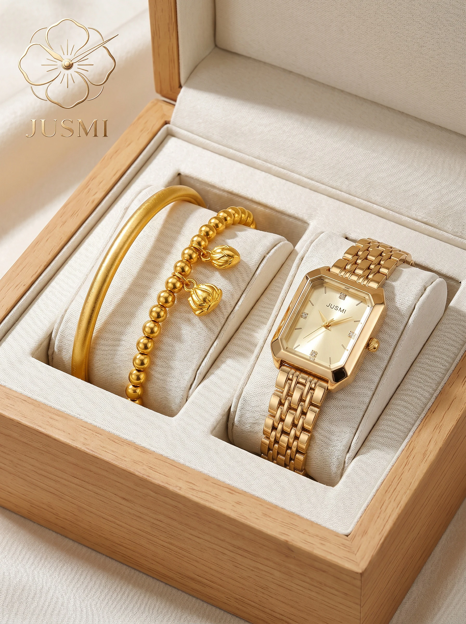 

3Pcs/Set Teen JUSMI Gold Watch Bangle Bracelet Set, No Box for Back To School, Vacation & Holiday Teen Jewelry