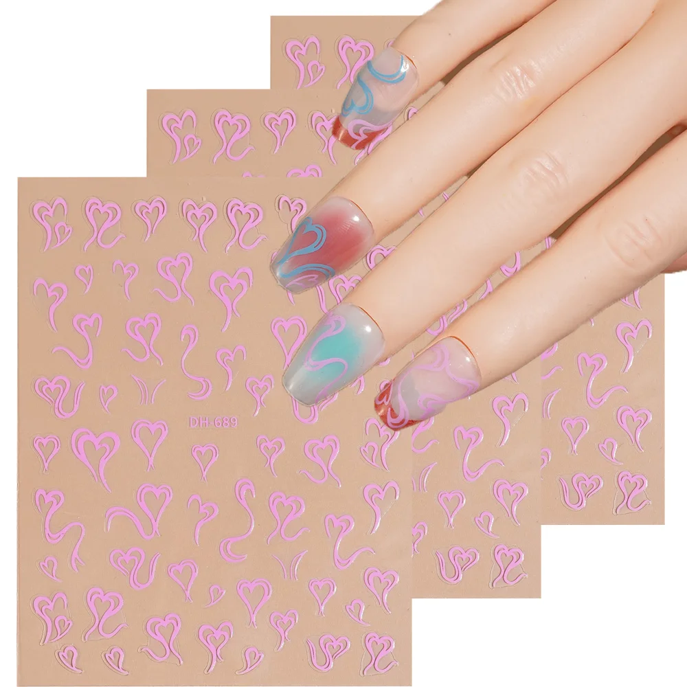 1/5 Uds pegatinas de uñas de corazón romántico dulce 3D pegatinas de decoración de uñas planas para manicura DIY calcomanías de decoración autoadhesivas