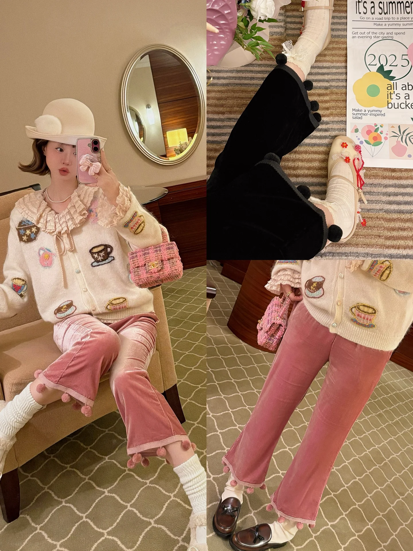 

Шелковые бархатные брюки VIMAS с микро-клешем, из натурального шелка, с пушистыми 3D-шариками, прямые брюки для женщин, повседневные брюки