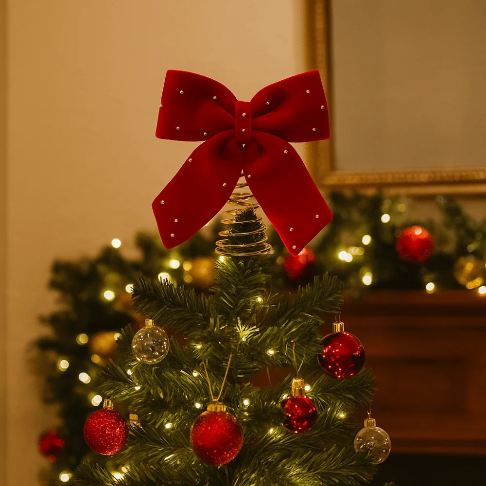 

Festival Party Extra-Large Christmas Tree Topper Luxurious Decorative Velvet Ribbon Bow Wine Red Star Tree Topper Festive Decor