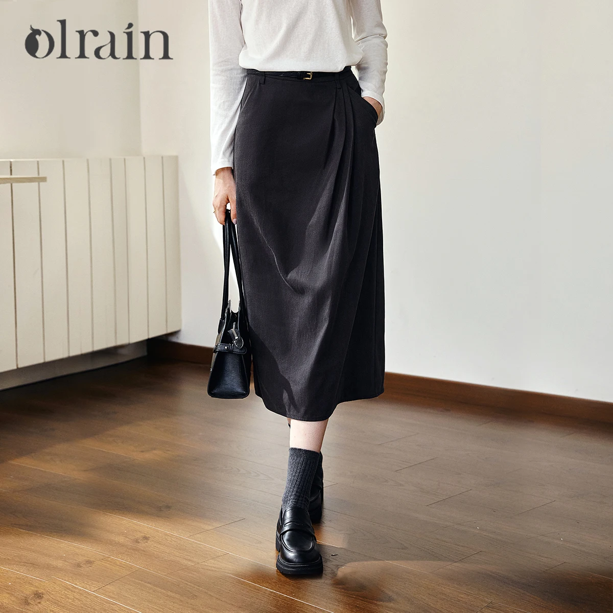 OLrain Women Straight Skirt Autumn 2026 Solid A-line Skirt Pockets French Vintage Commute Female Clothing Elegant O57QB000229