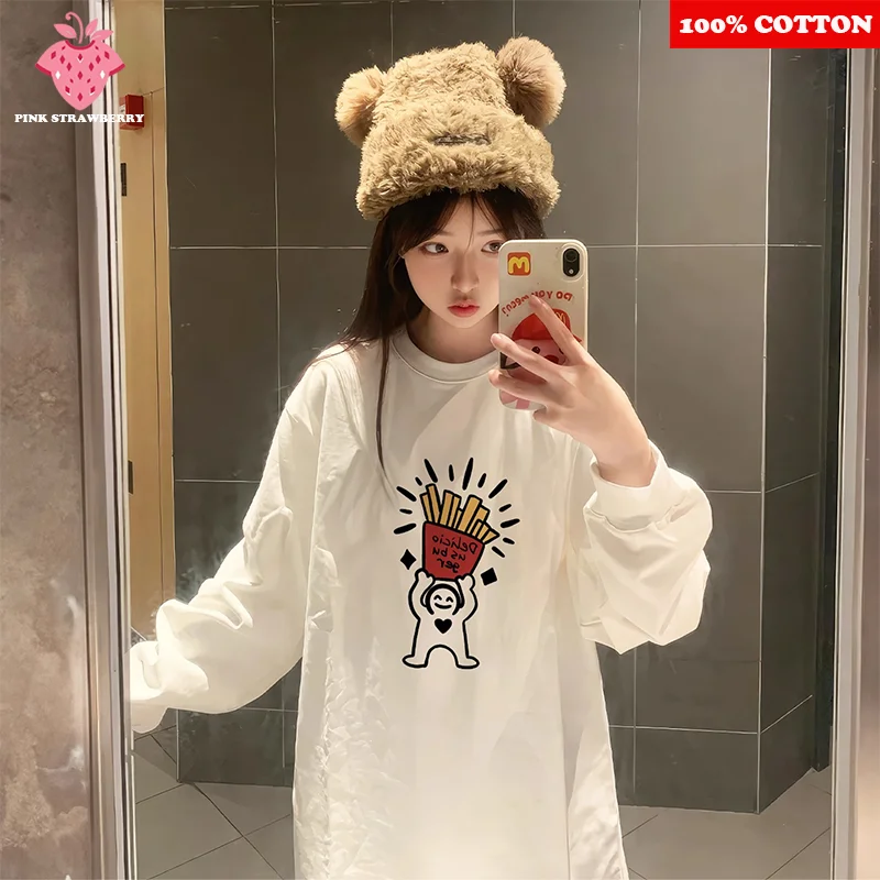 

Cartoon Fries Print T-shirt Women's 2025 New 100% Cotton Oversize White Long sleeves T-shirt Y2k Tops korean popular clothes
