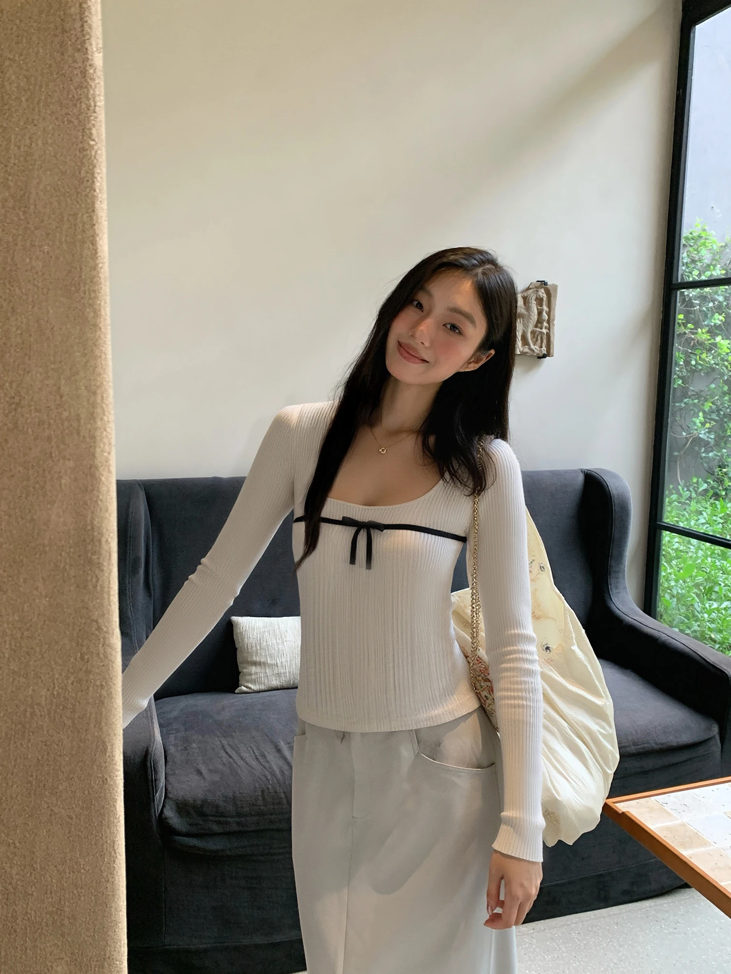 

Женская футболка-лонгслив Crsu Gentle Sle Large U Ne, облегающая, для ношения под одеждой, базовый топ на осень, с узлом на спине