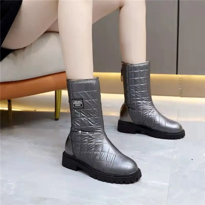 Shoes For Woman Mid Calf Silver Women\'s Snow Boots Half High Biker Waterproof Large Size Warm Winter 2024 With Stylish Hot