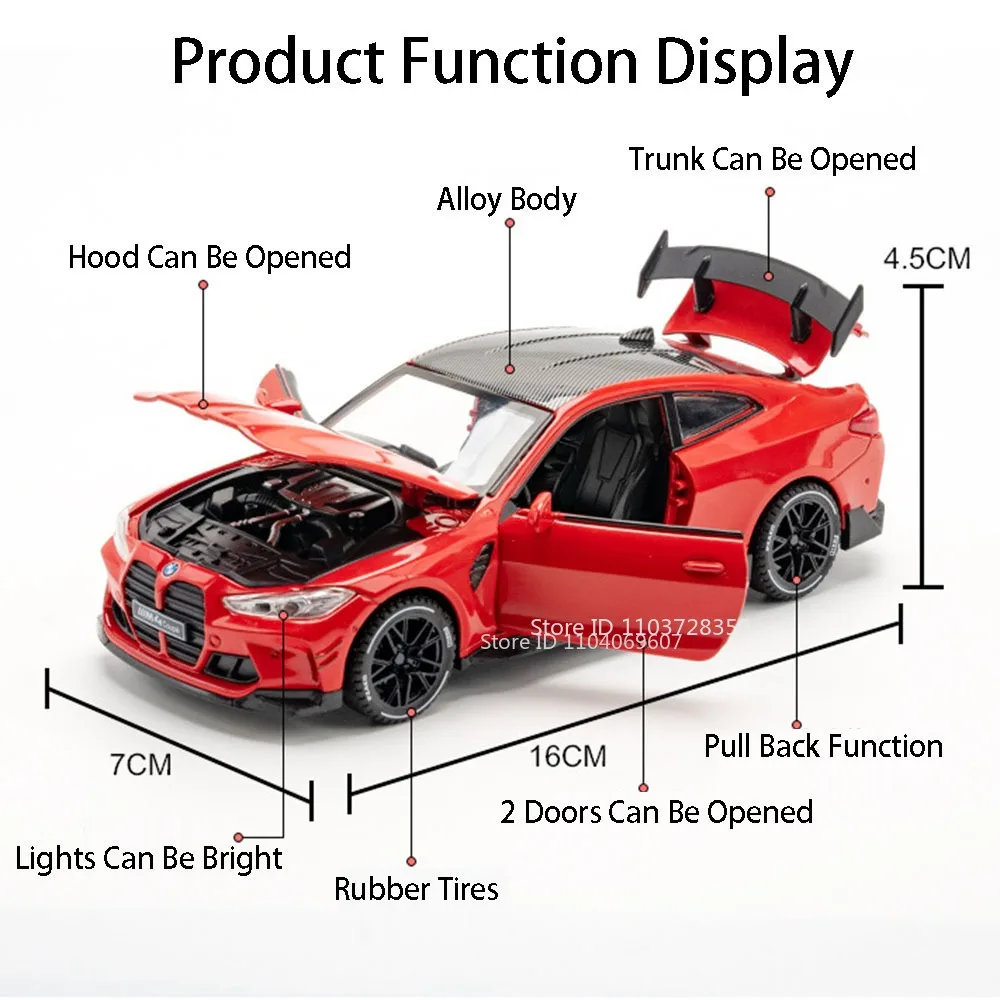 1:32 M4 M8 Miniature Model Toy Cars Alloy Diecast Sports Car Sound Light Pull Back Doors Opened Simulation Supercars Boys Gifts