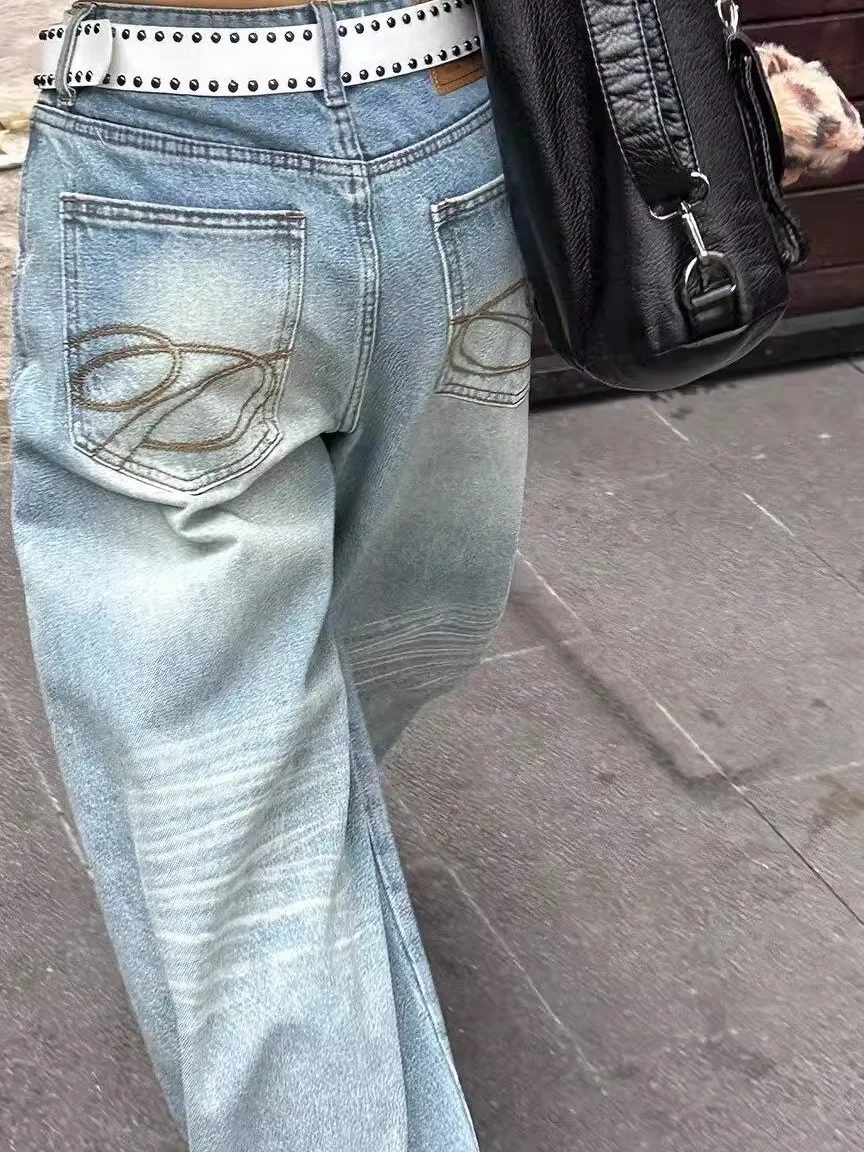 

Джинсы из американской уличной вышивки в стиле ретро, женские осенние тонкие свободные прямые широкие брюки, повседневные брюки длиной до пола