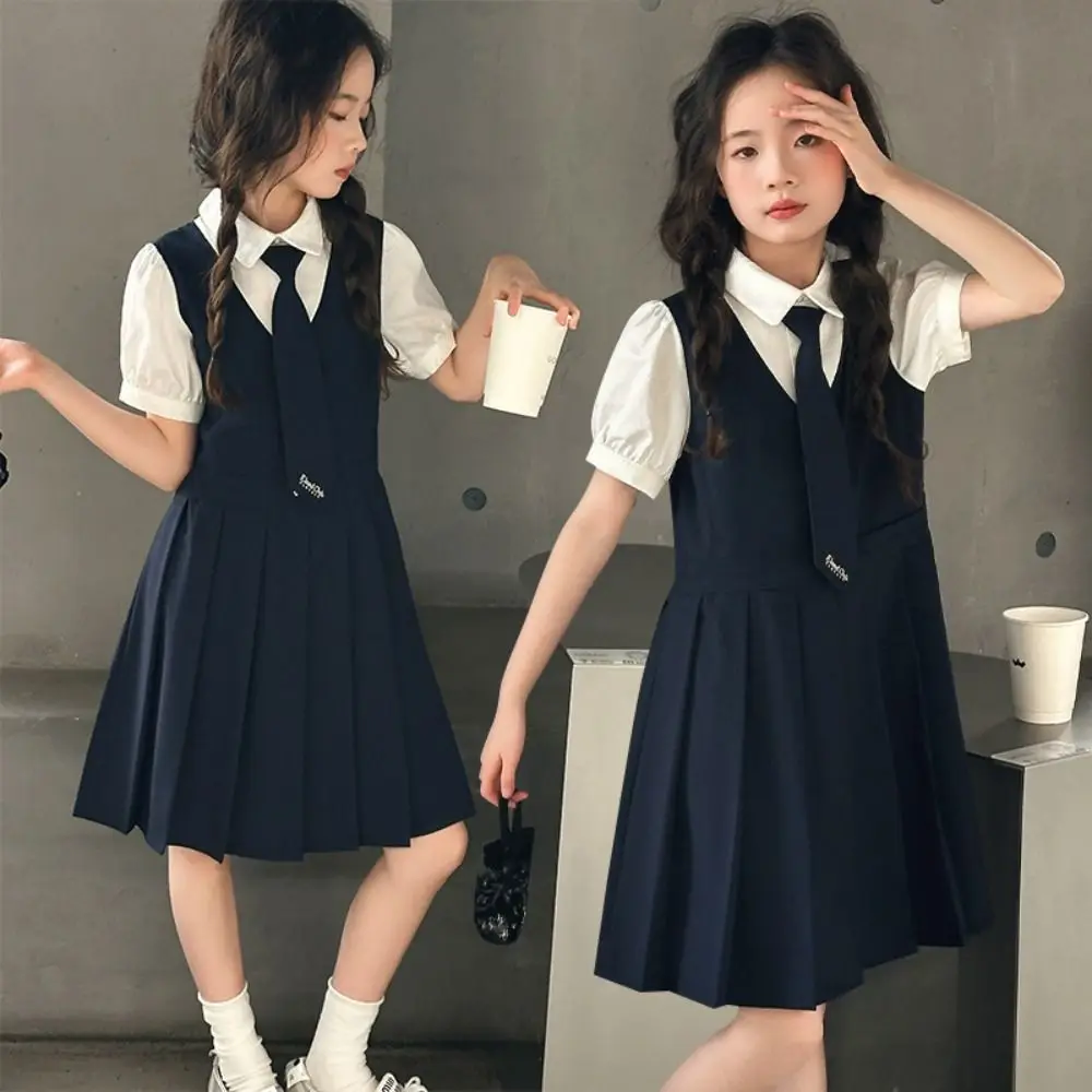 

Pleated Kids Fake Two Dress Short Sleeve Preppy Style Summer Girls Dresses Teenagers Skirts Children A-line Dress Students