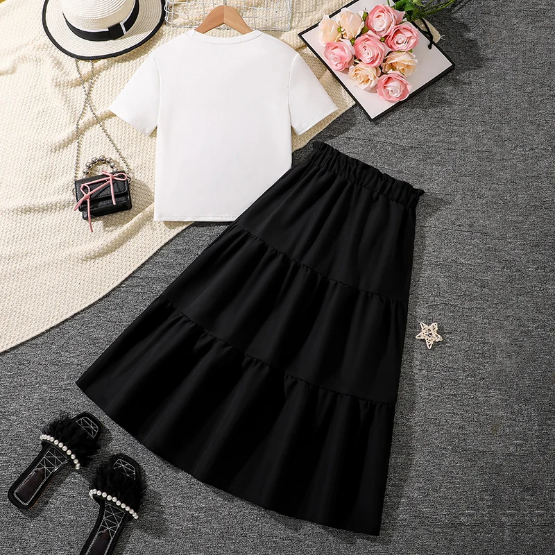 Girls Outfit White Bowknot Trim T-shirt & Solid Black Frill Decor A-line Skirt Girls Suits OOTD Trendy Sets