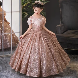 Customized Princess Flower Girls Dresses Sheer Neck Short Sleeve Ball Gown Kid Pageant Wedding Party Gown First Communion Wear