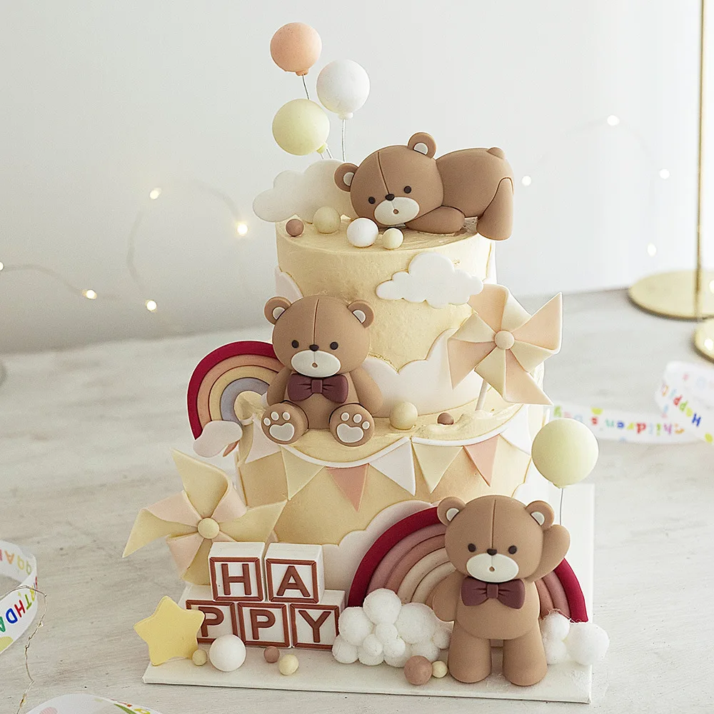 Baby Bear Cake Topper Cakecup Toppers Mini Bear Cake Decor for Birthday Baby Shower Baby Boy Party Decoration Blue Brown Pink