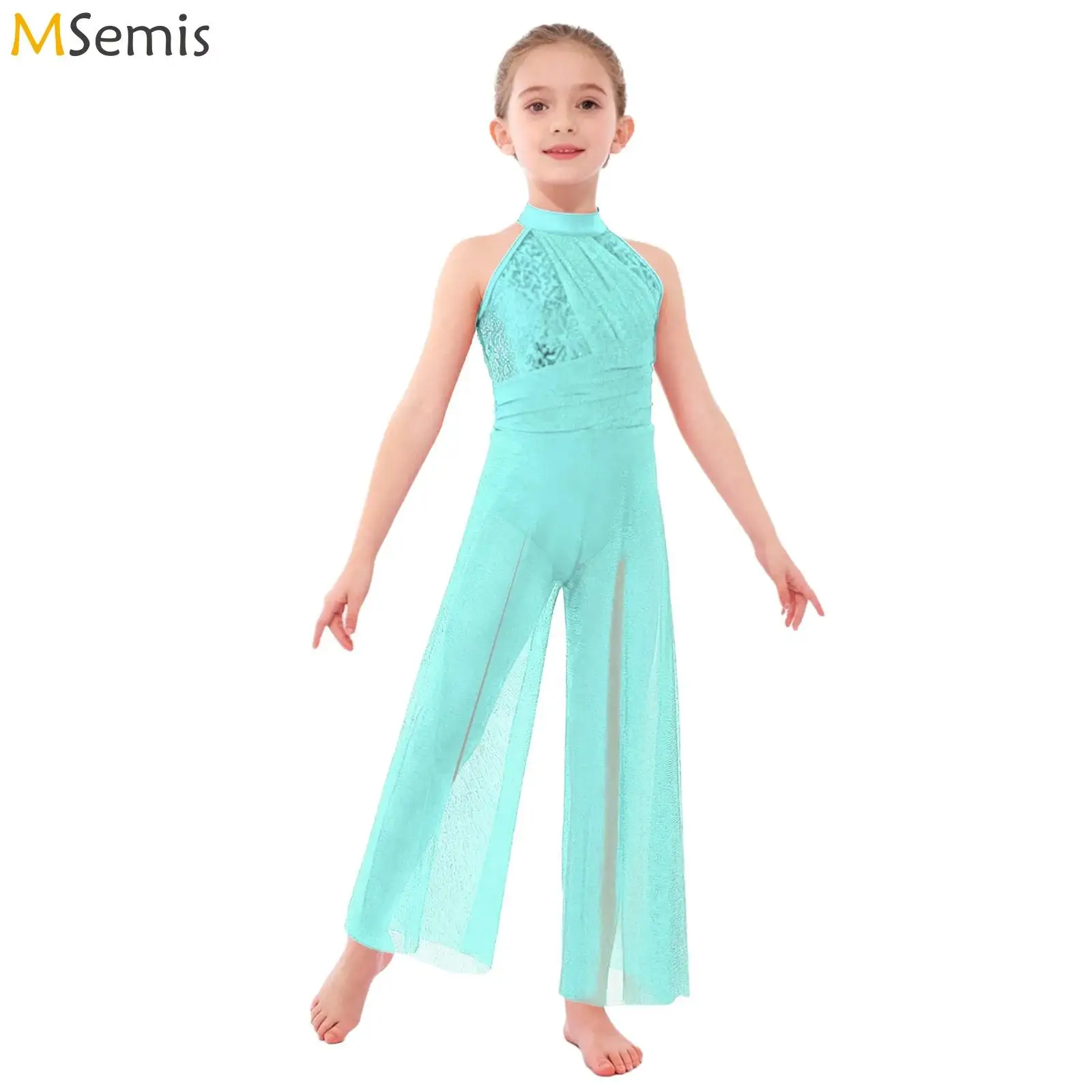 أطفال بنات لامعة الترتر الباليه أداء الرقص الغنائي Unitards بذلة زي صد لامع شبكة سبليت واسعة الساق ارتداءها