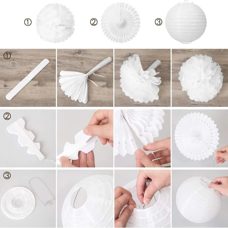 12Pcs Lanterns Pom Poms Honeycomb Balls Fan Decoration Set White for Wedding Celebration Birthday Party School