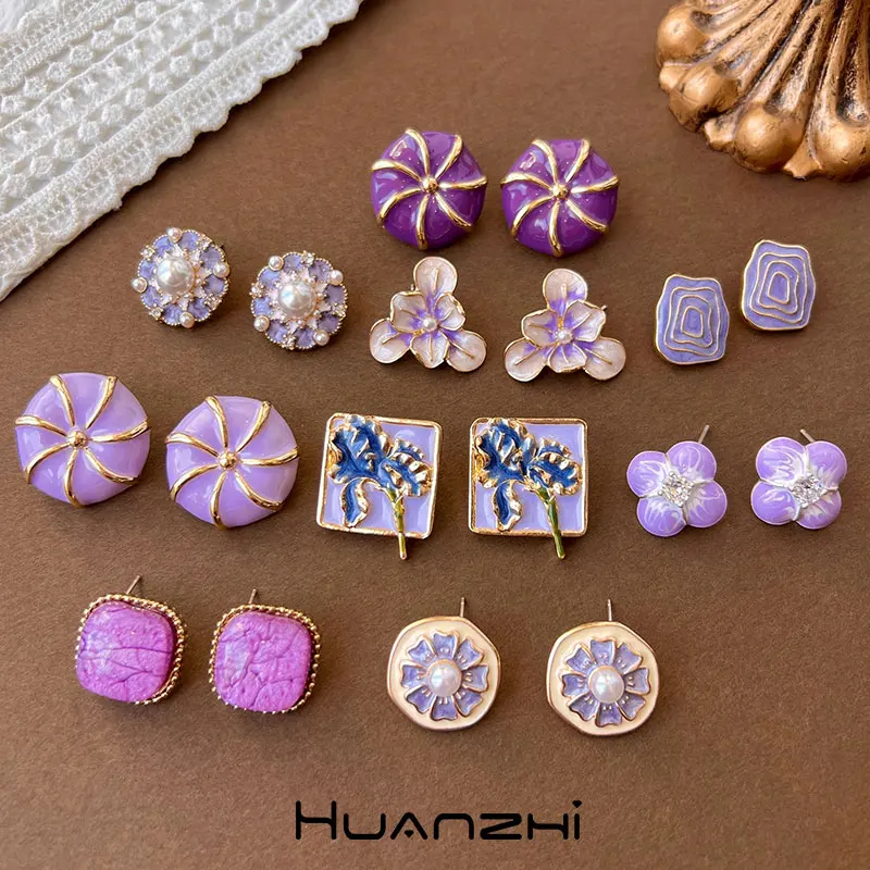 HUANZHI-pendientes de Metal para mujer y niña, aretes irregulares con perlas de lavanda, Estilo Vintage francés, joyería diaria dulce para fiesta, novedad de 2023