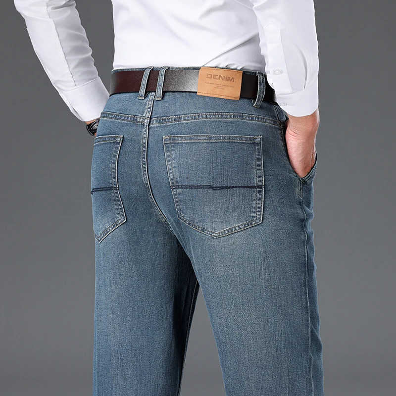 

Lyocell Jeans Mens Slim Straight Fit Business Casual Pants Mid-High Waist Vintage Autumn Retro Blue Middle-Aged Men's Long Pants