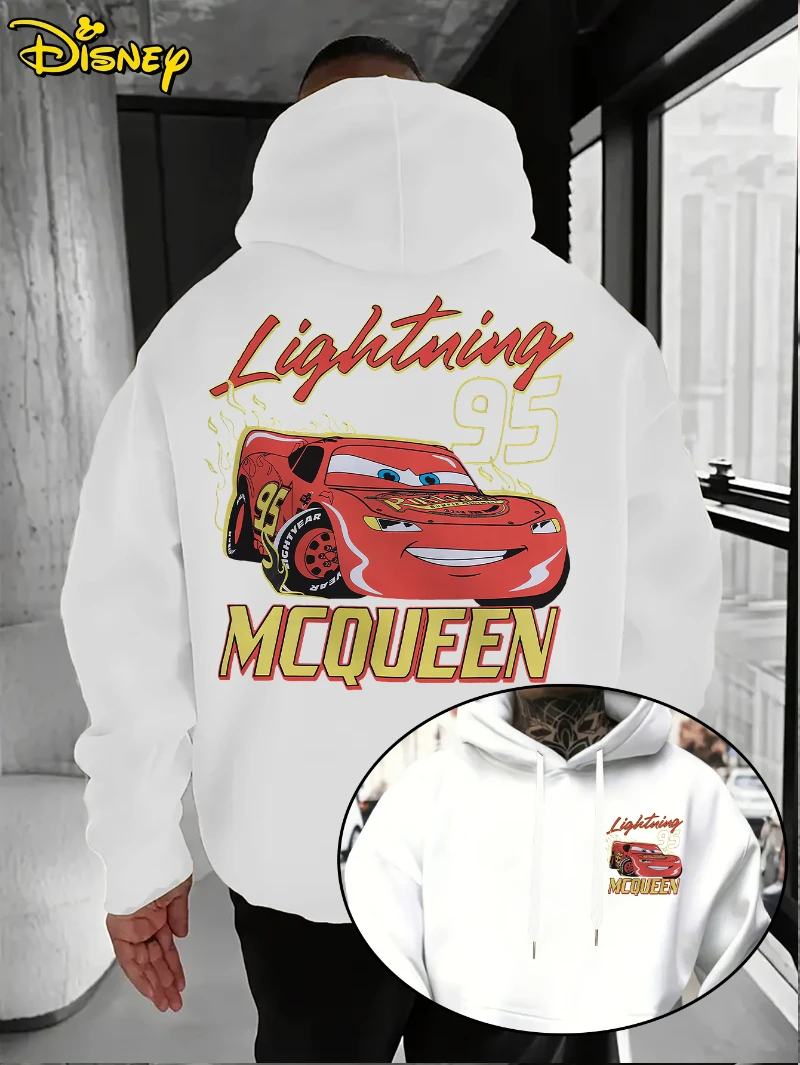 سترة بغطاء للرأس من Disney Cars Lightning McQueen لعام 2025 للرجال - بلوفر برسومات سباق زرقاء مع تصميم Lightning McQueen Mater