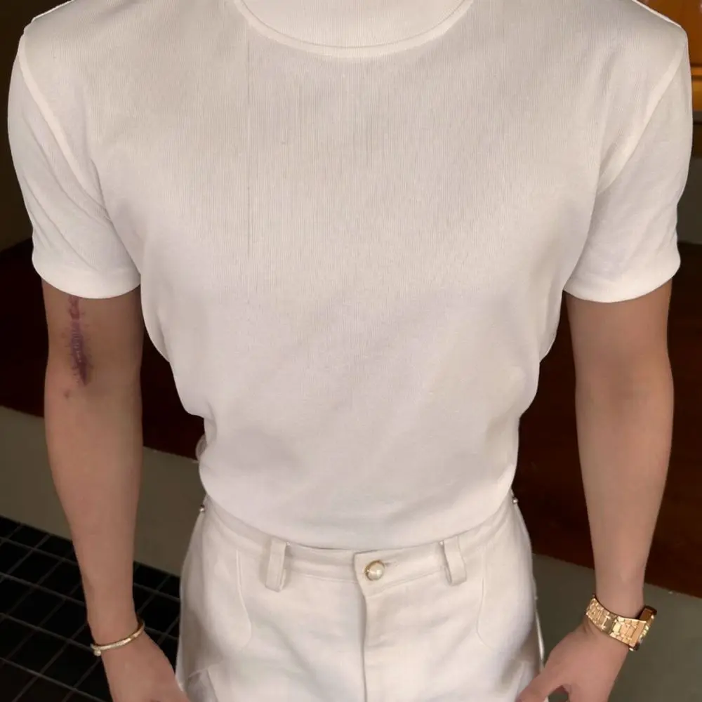 Mens Streetwear Mock Neck T Shirt Heavyweight Short Sleeve Athletic Tee Fitness Sport Apparel Casual Solid Top