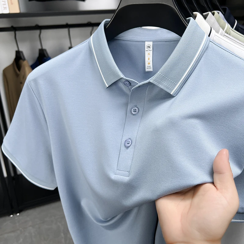 

Летние мужские футболки с короткими рукавами Рубашки поло, рубашки из ледяного шелка с воротником с половиной рукавов Мужская одежда Повседневная одежда против морщин