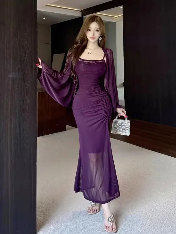 

Elegant Purple Open Cardigan Dress Set Women's Fashion Comfortable Long Sleeve Midi Skirt Two Piece Suit Office Wear Autumn