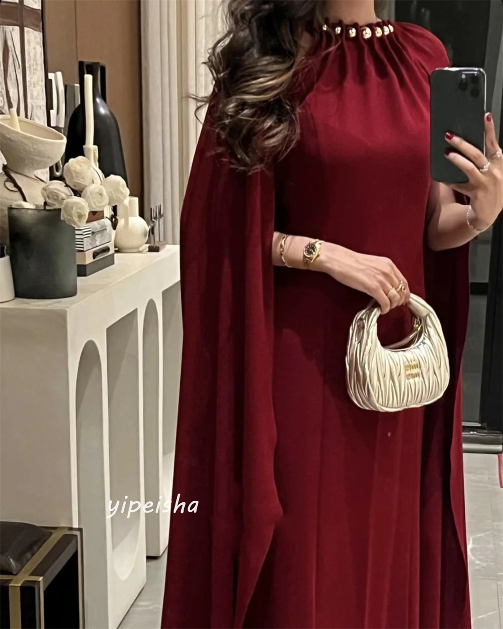   Satin Beading Pleat Evening Sheath O-Neck Bespoke Occasion Gown Long Sleeve Dresses