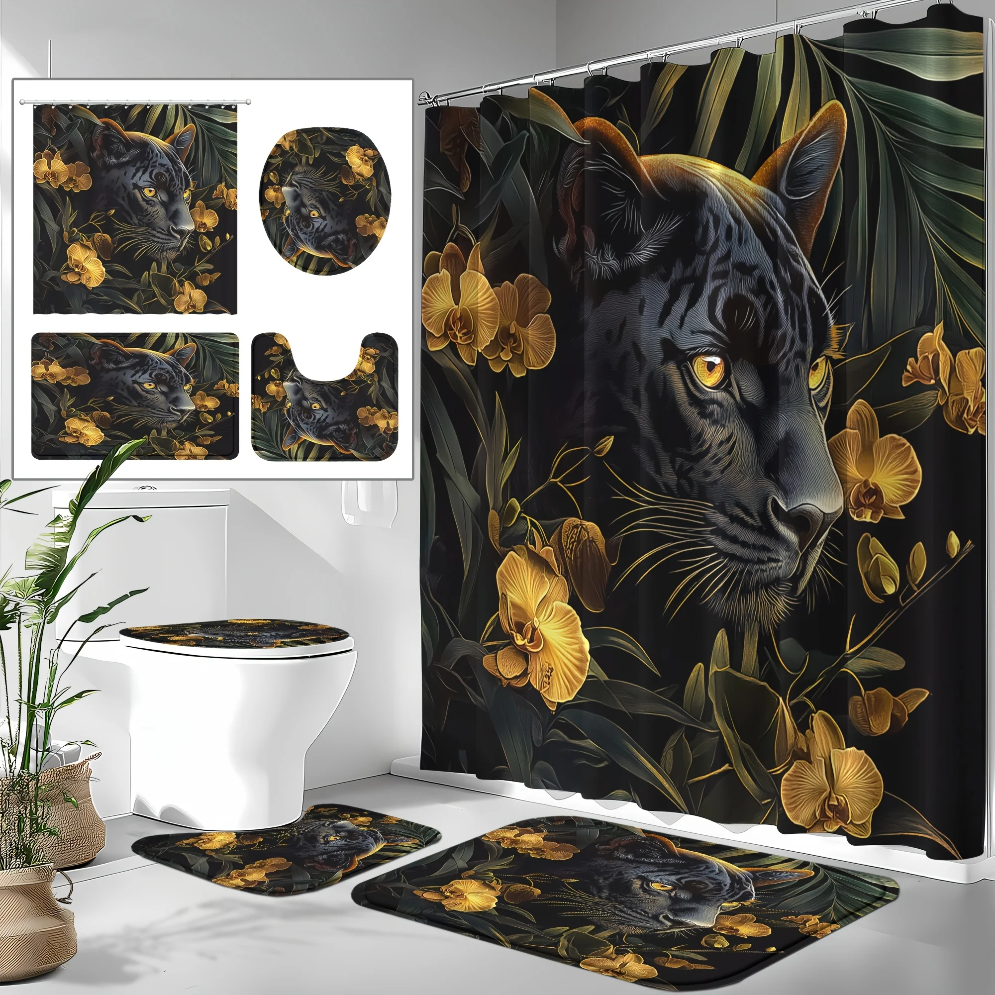 Tropical black Leopard Bathroom Set: Waterproof shower curtain, soft contour carpet, stylish toilet seat, non slip bathtub pad