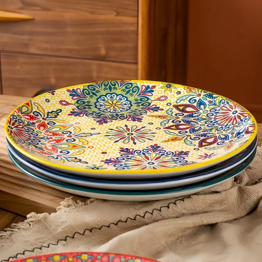 Hand-painted Bohemian Ceramic Plate Home Creative Western Food Plate Fruit Plate Low Side Round Plate Oven Microwave Safe to Use