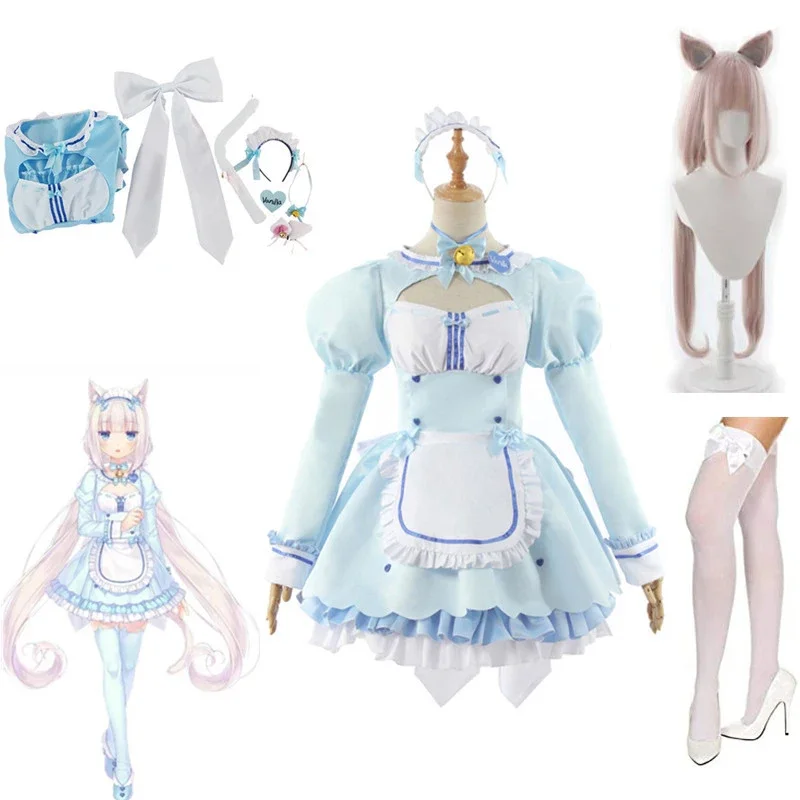 Disfraz de Anime nekotena Vanilla para niñas, peluca de sirvienta Lolita, vestido azul, espectáculo de fiesta de Halloween, trajes de juego de rol