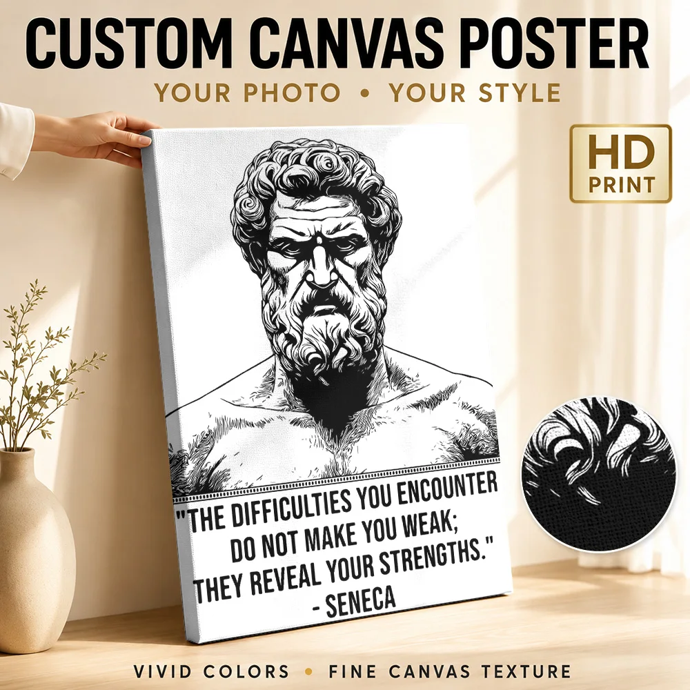 Seneca Strength Quote Canvas Print Customized Photo Black And White Bust Illustration Wall Art For Workspace Housewarming Gift
