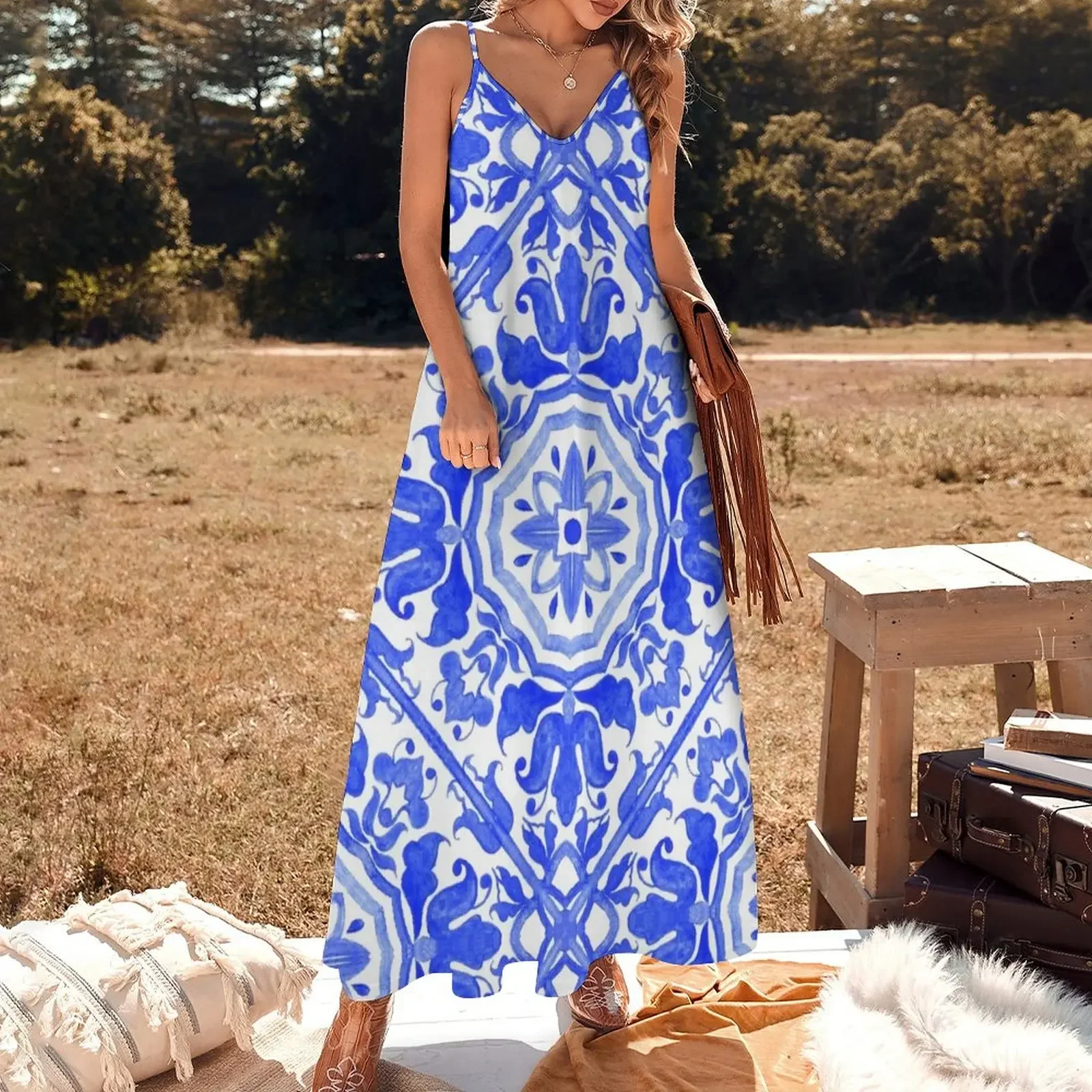 Portuguese azulejo tiles. Sleeveless Dress prom clothes summer dress korean women Dress