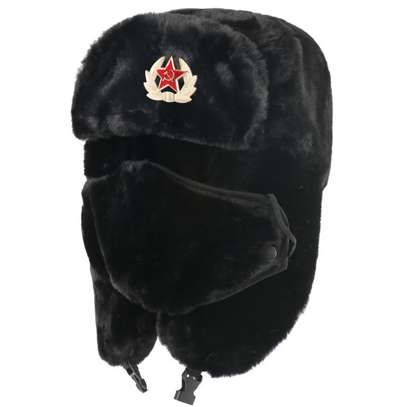 Russian Soviet Military Cap Trapper Hat Ushanka Russian Fur Hat Thick Warm Plush Earflap for Skiing Hunting