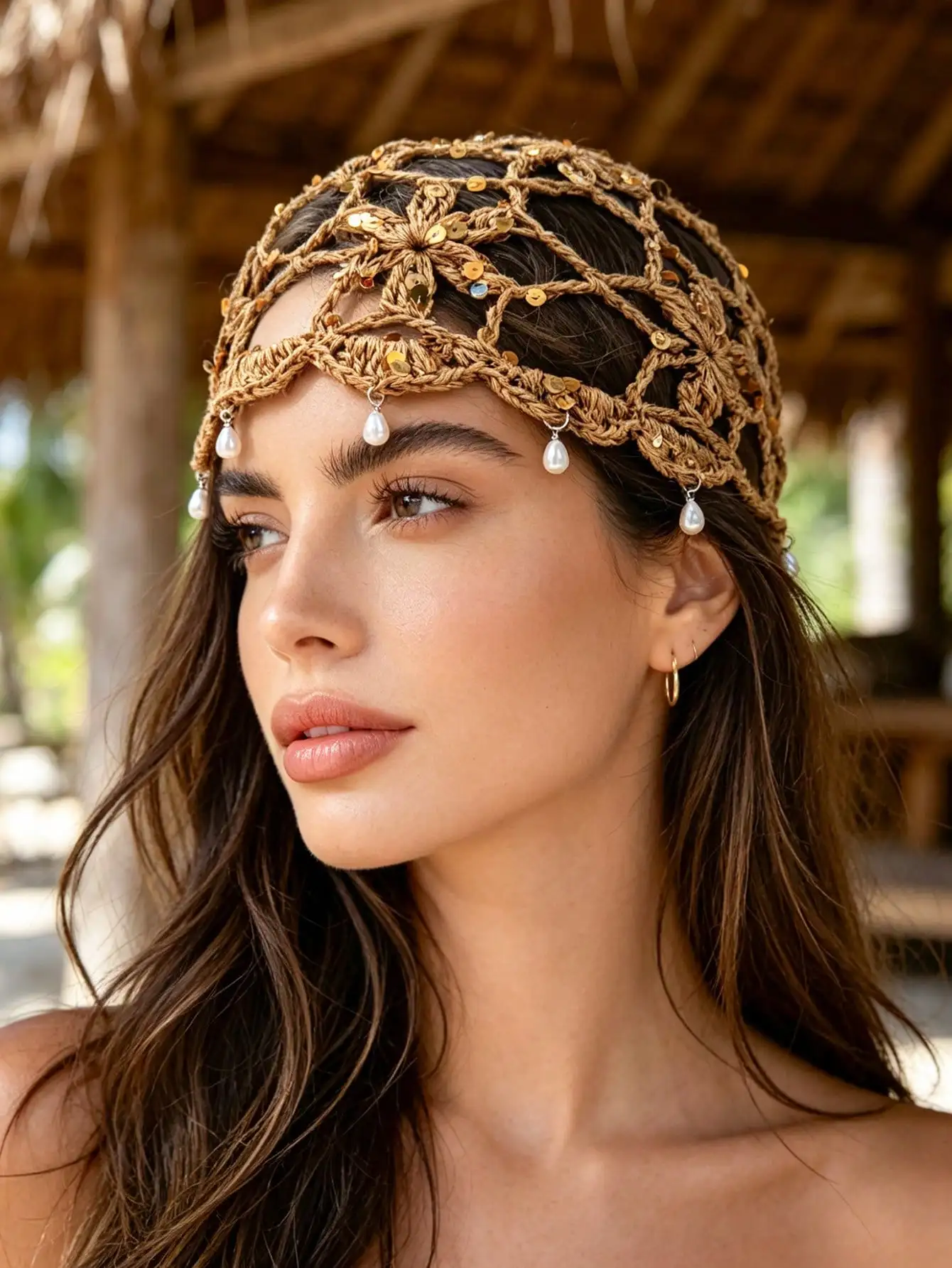 Women's Spring/Summer Handmade Sequin Knit Hat Fashionable Hollow-Out Beanie Suitable For Daily Wear, Street Vacation Boho