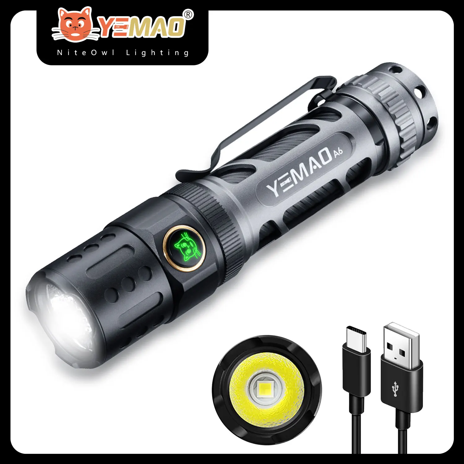 

YEMAO Tactical Flashlight Powerful LED Light USB C Rechargeable Torch with Dual Switch Power Indicator ATR for Outdoor & Fishing