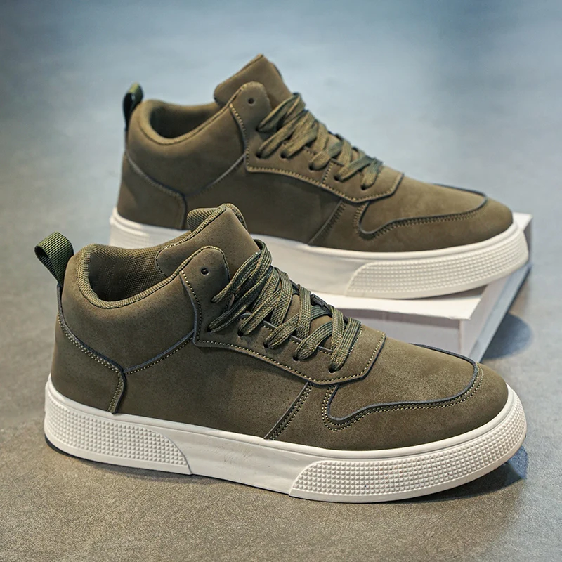Men High‑Top Casual Board Shoes Matte Synthetic Leather Upper Flat Non‑Slip Rubber Outsole Soft Lining Lightweight Comfort Daily