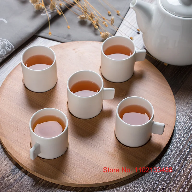 Tea Party Drinking Cup Coffee Mugs And Bamboo Dish Set Concise 80ml White Ceramic Espresso Shot Cafe Glass Teacups Wholesale